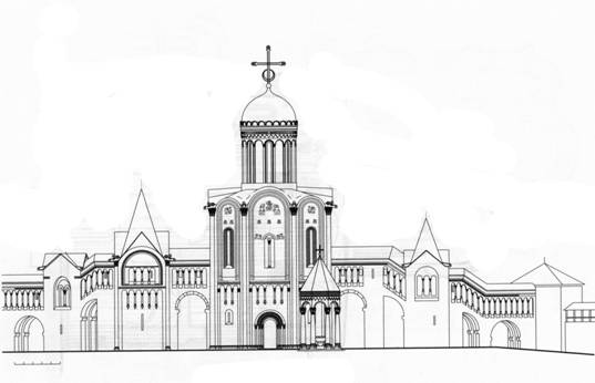 Комплекс зданий вокруг церкви Рождества Богородицы в XII веке. Реконструкция С.А. Шарова-Делоне.