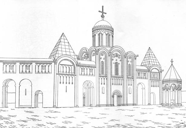 The complex of buildings around the Church of the Nativity of the virgin in the XII century. Reconstruction Voronin (option).