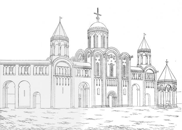 The complex of buildings around the Church of the Nativity of the virgin in the XII century. Reconstruction Voronin (option).