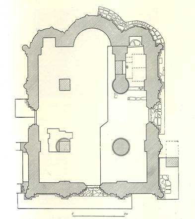 The plan of the Church of the Nativity of the virgin of XII century (by N.N. Voronin).