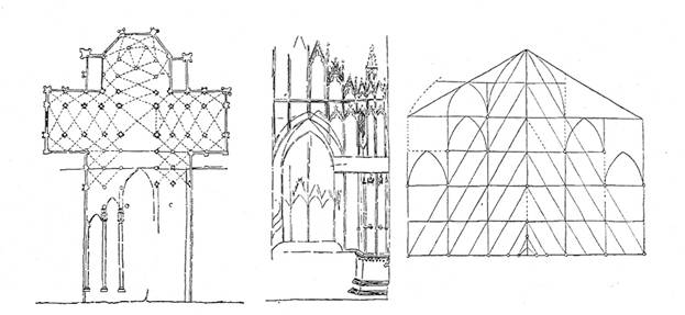Средневековые чертежи миланского собора (план с фрагментом разреза, часть фасада, пропорциональная схема).