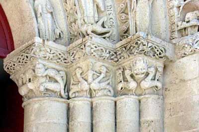A fragment of decoration of the Church of St. Peter in Ohe de Saintonge (Aulnay de Saintonge), the Department of Charente Maritime (Charente-Maritime), France.