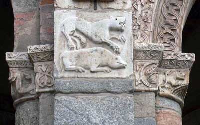 A fragment of decoration of the Cathedral of San Ambrogio in Milan (Milano), Italy.