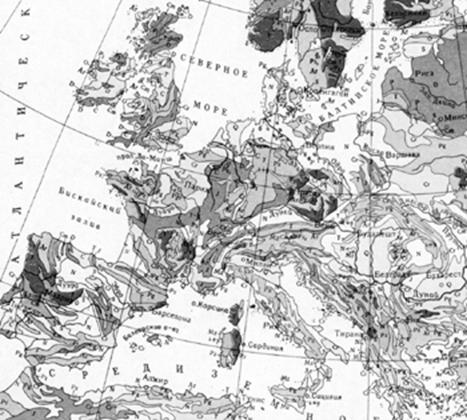 Геологическая карта Западной Европы.
 
Буквами на карте обозначены:
Кайнозойская группа: Q – четвертичная система; N – неоген; Pg – палеоген; Tr – нерасчлененная третичная система.
Мезозойская группа: Cr – меловая система; J – юрская система; T – триасовая система.
Палеозойская группа: P – пермская система; C – каменноугольная система; Pz – верхнепалеозойская система; D – девонская система; S – силурийская система; O – ордовикская система; Cm – кембрийская система.
Pt – протерозой.
Ar – архей.
G – гранитоидные интрузии.
 
