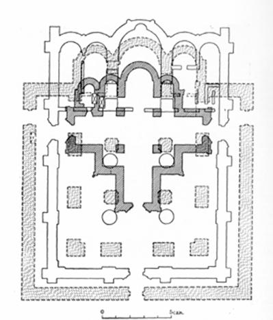 Combined plans Assumption Cathedral in Moscow (by K. Romanov). Hatching - 1326-1327 period, dashed line - the Cathedral 1472-1474 years, contour - Cathedral 1475-1479 years.