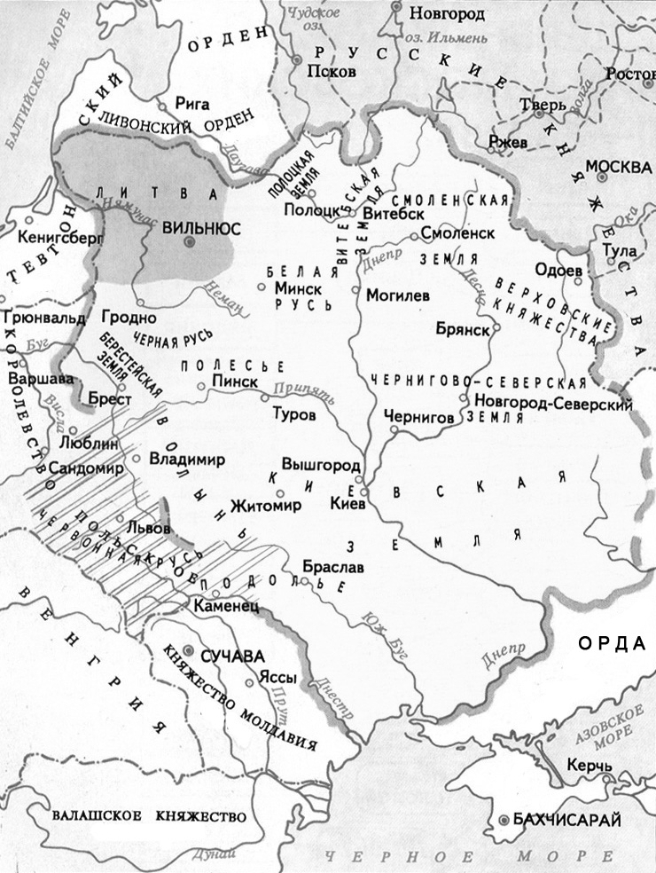 Карта Великого княжества Литовского и его вассалов, а также орденских земель, некоторых русских княжеств и других государств в начале XIV века. Границы проведены ориенторовочно.


