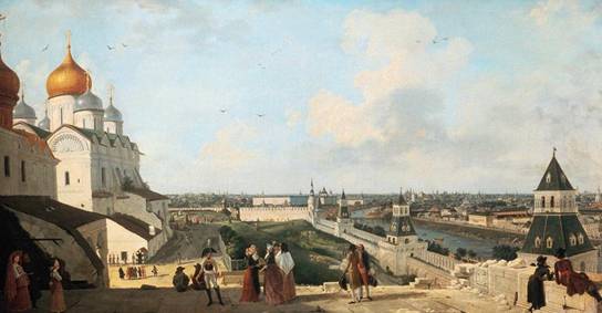 Ж. Делабарт. Вид на Москву с балкона Кремлевского дворца в сторону Москворецкого моста. 1797 год.