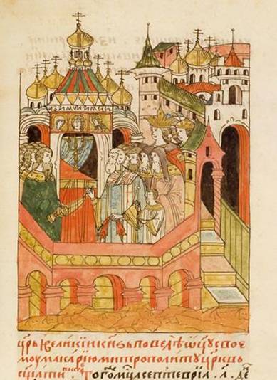 The consecration of the Cathedral of intercession on the Moat. Miniature Facial Chronicles. 1560-1570-ies.