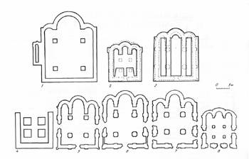 Plans Galician and Suzdal churches (Omiani):
1 - the Church of St. John in Przemysl;
2 - the Church in Zvenigorod Galitsky;
3 - the Church of our Saviour in Galich;
4 - the Church on the "Winterised";
5 - Transfiguration Cathedral in Pereslavl;
6 - the Church of Boris and Gleb in Kideksha;
7 - the Church of St. George in Vladimir;
8 - the Church of deposition of the robe on the Golden gate in Vladimir.
