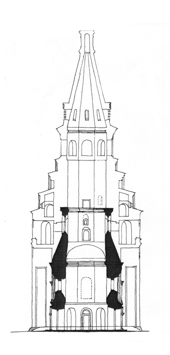 Crucifixion tower with the Church of Metropolitan Alexis on the inside. The section on North-South. Drawing P. Polonsky.