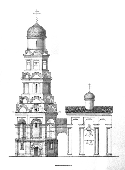 The Church of Metropolitan Alexei. The Northern facade. The original form (to make the Windows of the second storey of the new form). Reconstruction of the author. Option one "open" tier ringing.