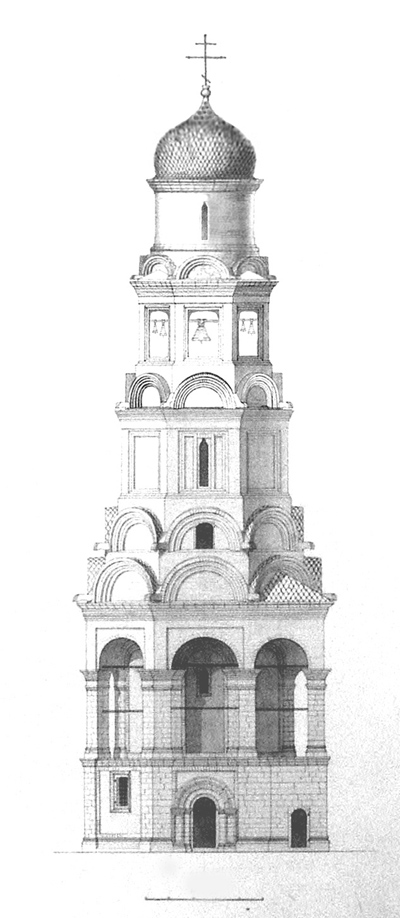 The Church of Metropolitan Alexei. The Western facade (conventionally depicted without adjacent belfry). Original appearance. Reconstruction of the author. Option one "open" tier ringing.