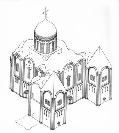 Успенский собор 1158–1160 годов. Реконструкция Н.Н.Воронина. Аксонометрия.