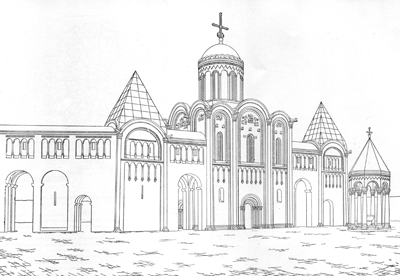 The complex of buildings around the Church of Nativity of the Virgin in XII century. Reconstruction by N.N. Voronin.