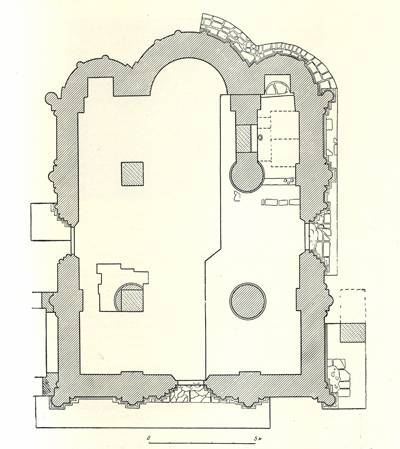 Plan of the Church of Nativity of the Virgin of XII century (by N.N. Voronin).