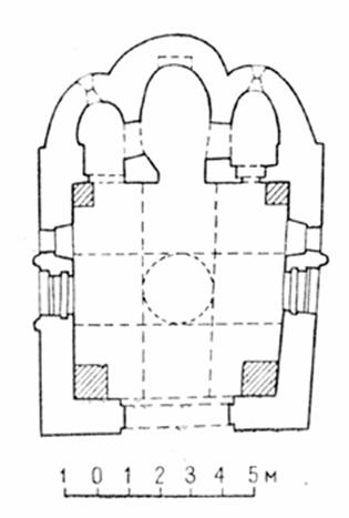 The plan of the Church at the Settlement. The shaded reconstruction of angular pylons BL Altshuller.