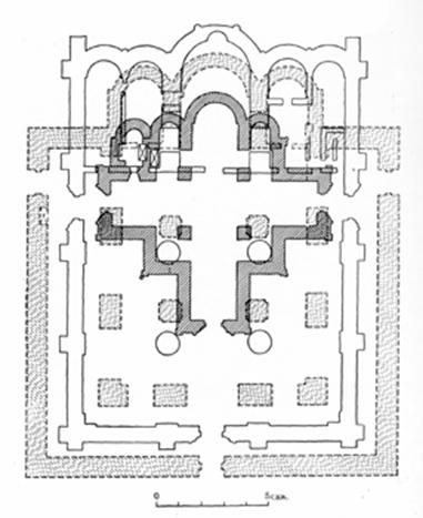 The plans of Moscow temples that were on the site of the assumption Cathedral Fioravanti (by K. Romanov): 1326-1327 period (hatch), 1472-1474 years (dashed shading) and 1475-1479 period (contour).
